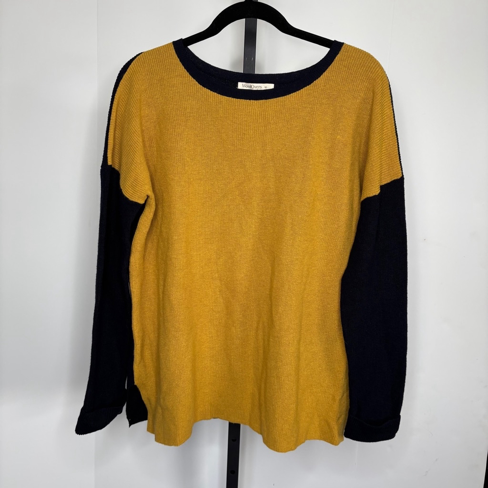 WoolOvers Knit Sweater Women Sz M Yellow & Navy Wool Blend Oversized Colorblock